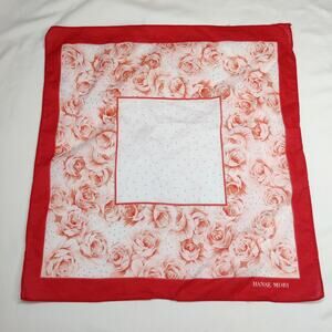 Vintage Hanae Mori Japanese Designer Red Floral Rose Cotton Square Scarf